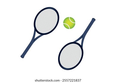 Tennis rackets. Minimalist illustration of two blue tennis rackets and a green tennis ball on a white background