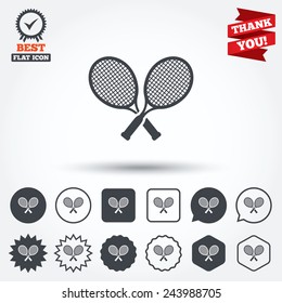 Tennis rackets sign icon. Sport symbol. Circle, star, speech bubble and square buttons. Award medal with check mark. Thank you. Vector