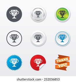 Tennis rackets sign icon. Sport symbol. Winner award cup. Circle concept buttons. Metal edging. Star and label sticker. Vector