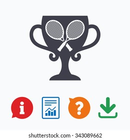 Tennis rackets sign icon. Sport symbol. Winner award cup. Information think bubble, question mark, download and report.