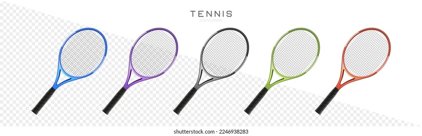 Tennis rackets vector realistic illustration. Sports equipment icons. Badminton rackets set in different colors