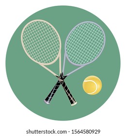 Tennis rackets, yellow ball - green icon - isolated - vector. Tennis. Leisure.