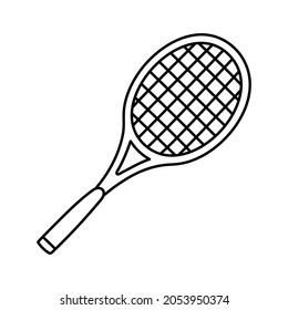 Racquet de tenis. Badminton. Esbozo de la línea de equipamiento deportivo. Icono de contorno de doodle dibujado a mano. Ilustración de fitness de mano alzada en blanco y negro