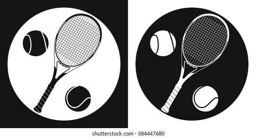 Tennis racquet and tennis ball icon. Silhouette tennis racquet and tennis ball on a black and white background. Sports Equipment. Vector Illustration.