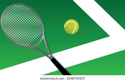 Raqueta de tenis y pelota en una cancha de tenis, deporte o concepto de actividad