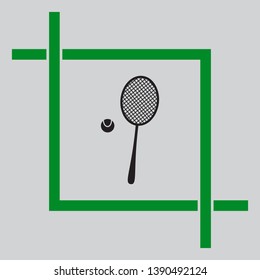 Tennis racquet with ball sign. Black icon inside green crop tool at light gray background