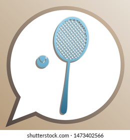 Tennis racquet with ball sign. Bright cerulean icon in white speech balloon at pale taupe background. Illustration.