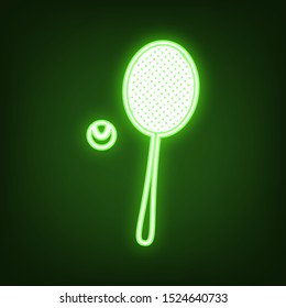 Tennis racquet with ball sign. Green neon icon in the dark. Blurred lightening. Illustration.