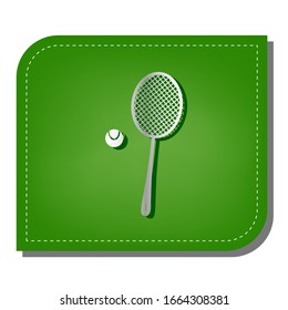 Tennis racquet with ball sign. Silver gradient line icon with dark green shadow at ecological patched green leaf. Illustration.