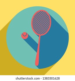 Tennis racquet with ball sign. Sunset orange icon with llapis lazuli shadow inside medium aquamarine circle with different goldenrod shadow at royal yellow background.