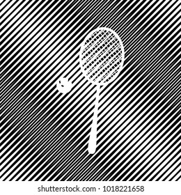 Tennis racquet with ball sign. Vector. Icon. Hole in moire background.