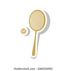 Tennis racquet with ball sign. Vector. Golden gradient icon with white contour and rotated gray shadow at white background.