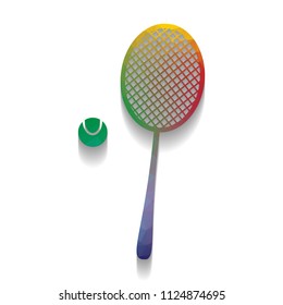 Tennis racquet with ball sign. Vector. Colorful icon with bright texture of mosaic with soft shadow on white background. Isolated.