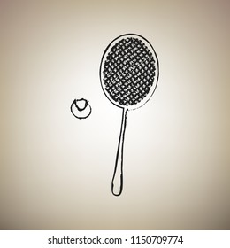 Tennis racquet with ball sign. Vector. Brush drawed black icon at light brown background.