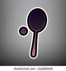 Tennis racquet with ball sign. Vector. Violet gradient icon with black and white linear edges at gray background.