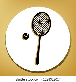 Tennis racquet with ball sign. Vector. Black icon with light brown shadow in white circle with shaped ring at golden background.