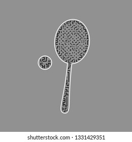 Tennis racquet with ball sign. Vector. Black maze filled icon with white border at gray background.