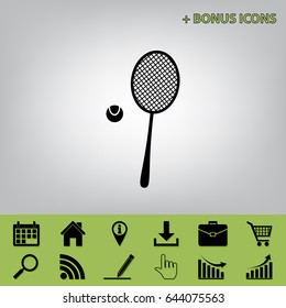 Tennis racquet with ball sign. Vector. Black icon at gray background with bonus icons at celery ones