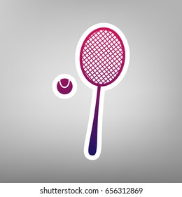 Tennis racquet with ball sign. Vector. Purple gradient icon on white paper at gray background.