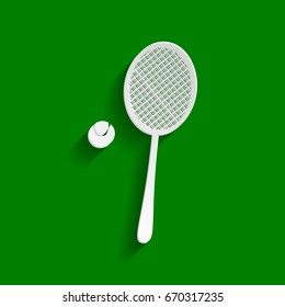 Tennis racquet with ball sign. Vector. Paper whitish icon with soft shadow on green background.