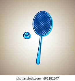 Tennis racquet with ball sign. Vector. Sky blue icon with defected blue contour on beige background.