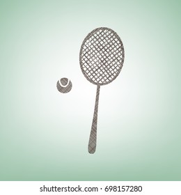 Tennis racquet with ball sign. Vector. Brown flax icon on green background with light spot at the center.