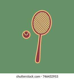 Tennis racquet with ball sign. Vector. Cordovan icon and mellow apricot halo with light khaki filled space at russian green background.