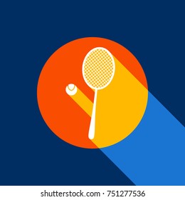 Tennis racquet with ball sign. Vector. White icon on tangelo circle with infinite shadow of light at cool black background. Selective yellow and bright navy blue are produced.