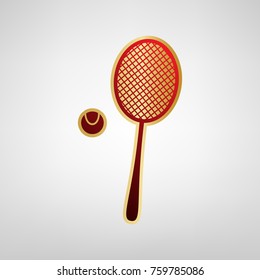 Tennis racquet with ball sign. Vector. Red icon on gold sticker at light gray background.