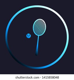Tennis racquet with ball sign. White, cyan and blue gradient icon as round button in white shell at dark blue background. Illustration.