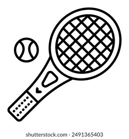 Tennis racquet and ball. Vector monochrome illustration, icon of sport accessories, editable stroke