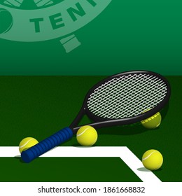 tennis racquet and balls lie on lawn of grass tennis court. Sport equipment and inventory. Realistic vector