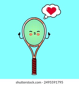 Tennis racquet doing yoga with speech bubble. Vector hand drawn cartoon kawaii character illustration icon. Isolated on blue background. Tennis racquet in love character concept