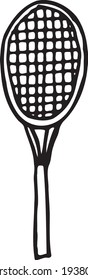 Tennis racquet drawn vector doodle illustration. Cartoon tennis racquet. Sports Equipment. Isolated on white background. Hand drawn simple element