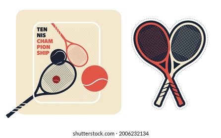 Tennis racquet labels in retro colors on white background.