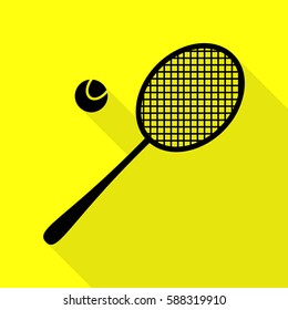 Tennis racquet sign. Black icon with flat style shadow path on yellow background.