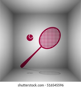 Tennis racquet sign. Bordo icon with shadow in the room.