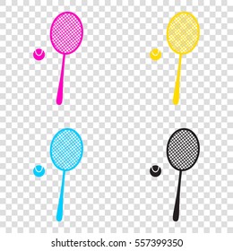 Tennis racquet sign. CMYK icons on transparent background. Cyan, magenta, yellow, key, black.