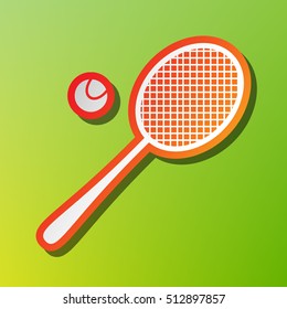 Tennis racquet sign. Contrast icon with reddish stroke on green backgound.