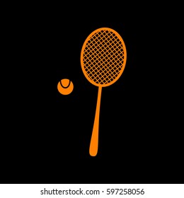 Tennis racquet sign. Orange icon on black background.