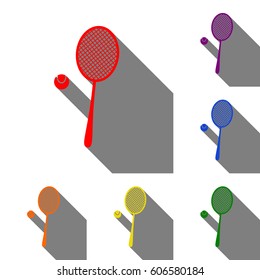 Tennis racquet sign. Set of red, orange, yellow, green, blue and violet icons at white background with flat shadow.