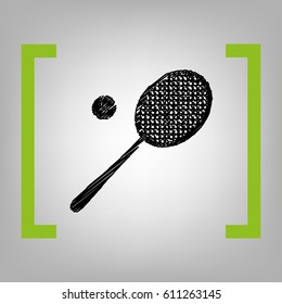 Tennis racquet sign. Vector. Black scribble icon in citron brackets on grayish background.