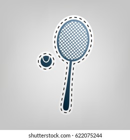 Tennis racquet sign. Vector. Blue icon with outline for cutting out at gray background.