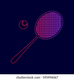 Tennis racquet sign. Vector. Line icon with gradient from red to violet colors on dark blue background.