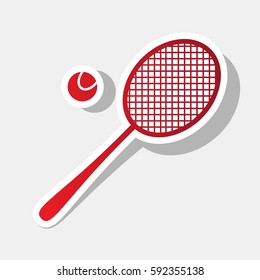 Tennis racquet sign. Vector. New year reddish icon with outside stroke and gray shadow on light gray background.