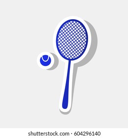 Tennis racquet sign. Vector. New year bluish icon with outside stroke and gray shadow on light gray background.