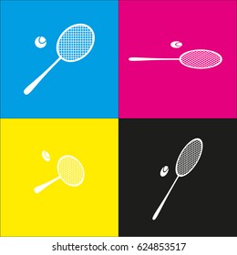 Tennis racquet sign. Vector. White icon with isometric projections on cyan, magenta, yellow and black backgrounds.