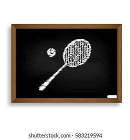 Tennis racquet sign. White chalk icon on black school board with