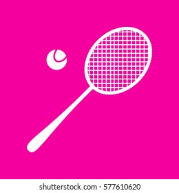 Tennis racquet sign. White icon at magenta background.