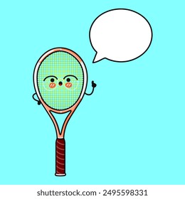 Tennis racquet with speech bubble. Vector hand drawn cartoon kawaii character illustration icon. Isolated on blue background. Tennis racquet character concept